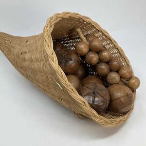 Vintage Woven Wicker Cornucopia Horn of Plenty Basket & Hand Carved Wooden Fruit